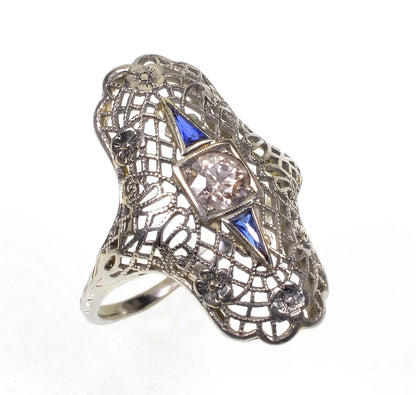 Art Deco 18K White Gold Diamond Sapphire Ring Size 5 3/4 C.1920