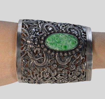 Antique Chinese Jadeite Jade Sterling Dragon Wedding Cuff Bracelet C.1890