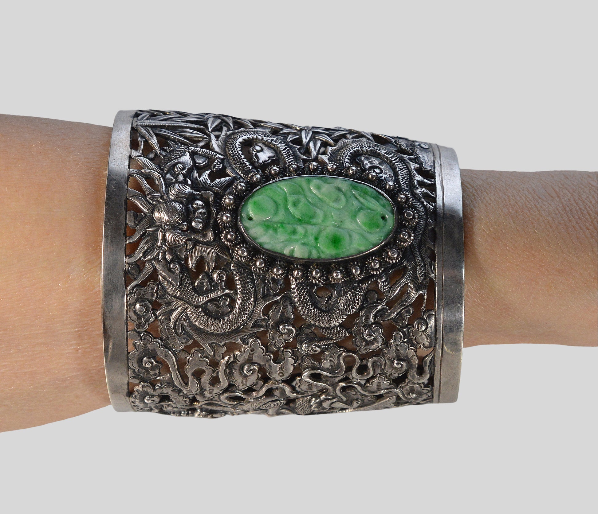 Antique Chinese Jadeite Jade Sterling Dragon Wedding Cuff Bracelet C.1890