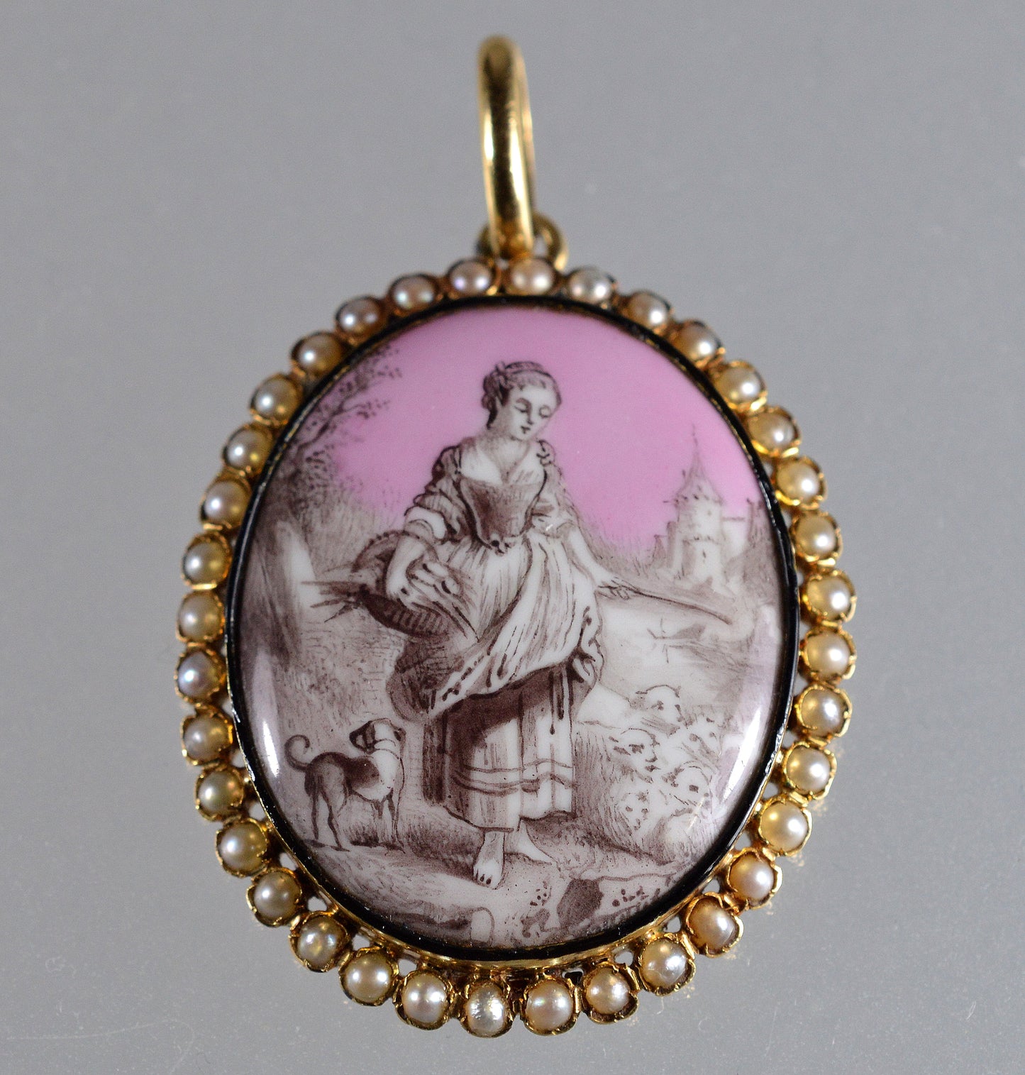 Antique Georgian 18K Gold Grisaille Enamel Pearl Pendant C.1790