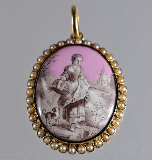 Antique Georgian 18K Gold Grisaille Enamel Pearl Pendant C.1790