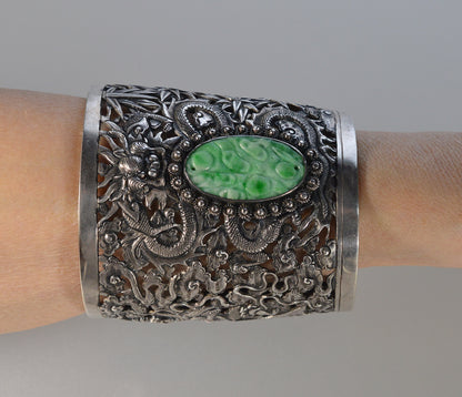 Antique Chinese Jadeite Jade Sterling Dragon Wedding Cuff Bracelet C.1890