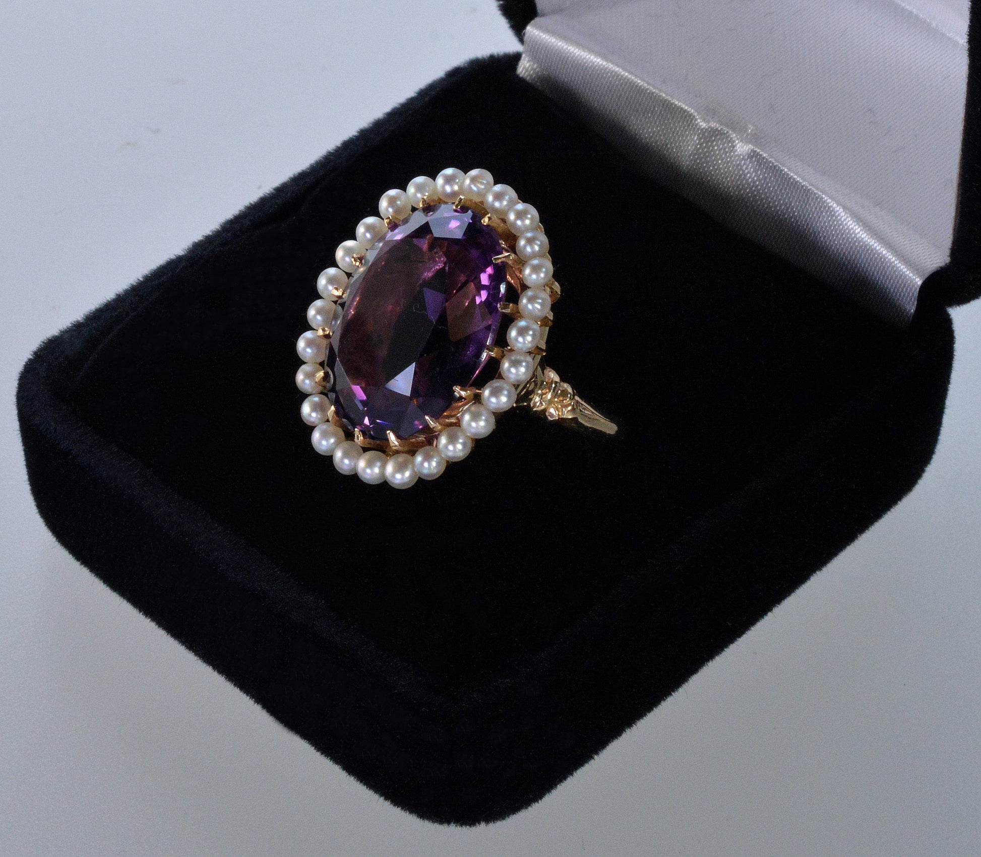 Edwardian Krementz 14K Gold Amethyst Natural Pearls Ring Size 6 3/4 C.1900