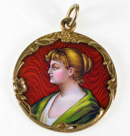 Antique Swiss Enamel Large Portrait Pendant Sterling C.1900