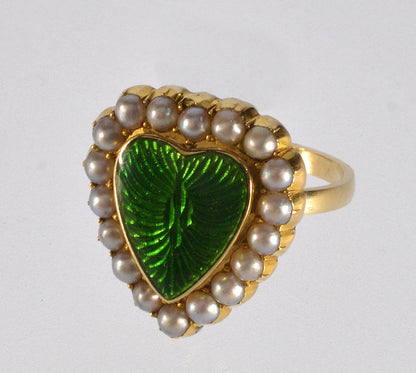 Antique Edwardian 14K Gold Pearl Enamel Heart Locket Ring C 1900 Size 6