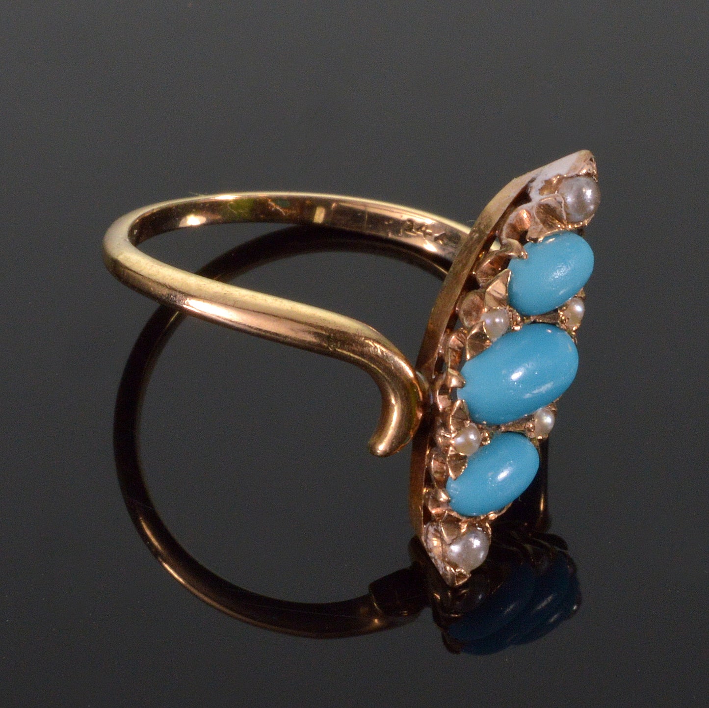 Antique Victorian 14K Gold Turquoise Pearl Ring Size 5 1/2 C.1890
