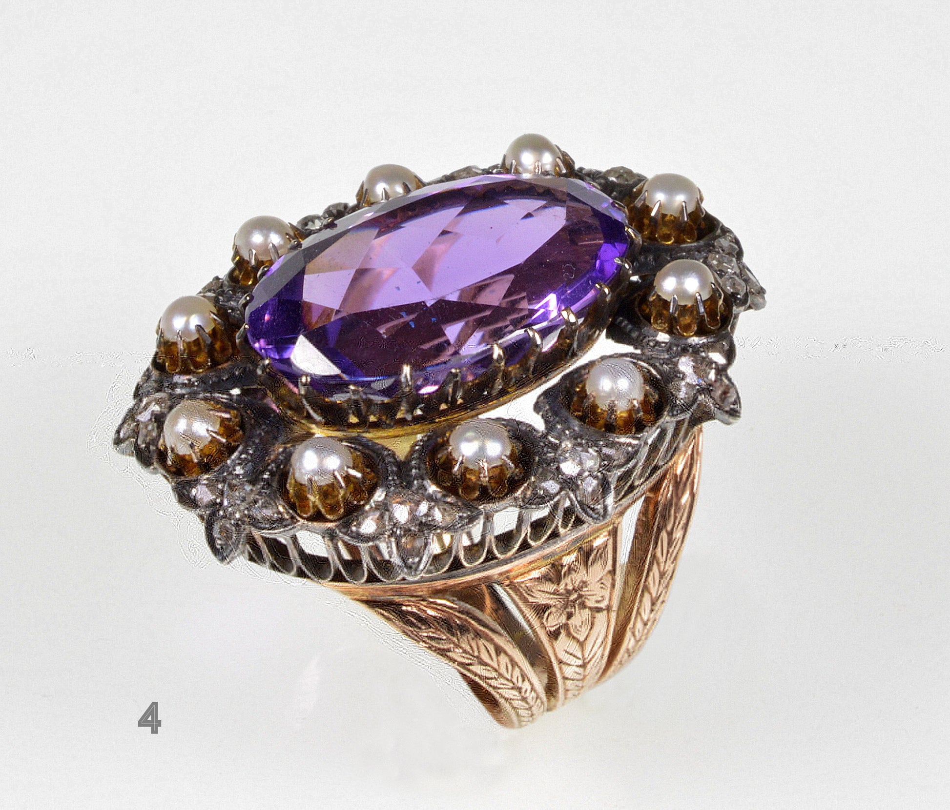 Antique Victorian 14K Gold Ring Amethyst Diamond Pearl C.1860