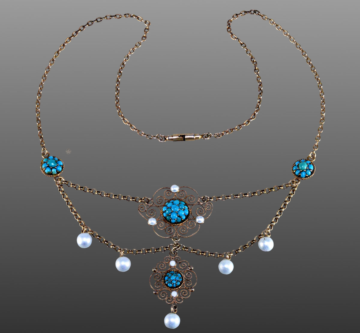 Antique Edwardian Marius Hammer Necklace Turquoise Enamel Vermeil Sterling C.1900