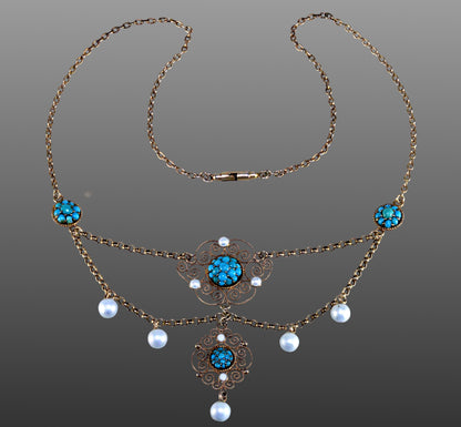 Antique Edwardian Marius Hammer Necklace Turquoise Enamel Vermeil Sterling C.1900