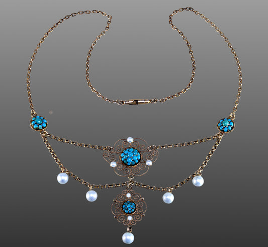 Antique Edwardian Marius Hammer Necklace Turquoise Enamel Vermeil Sterling C.1900