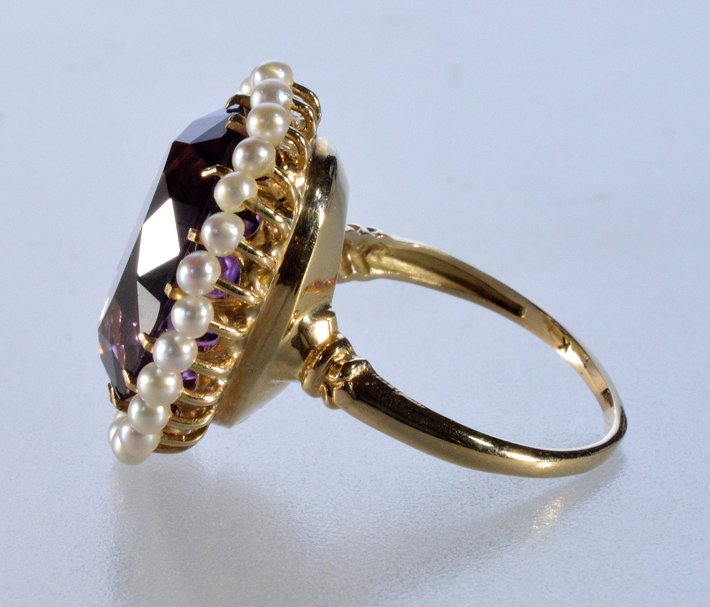 Edwardian Krementz 14K Gold Amethyst Natural Pearls Ring Size 6 3/4 C.1900