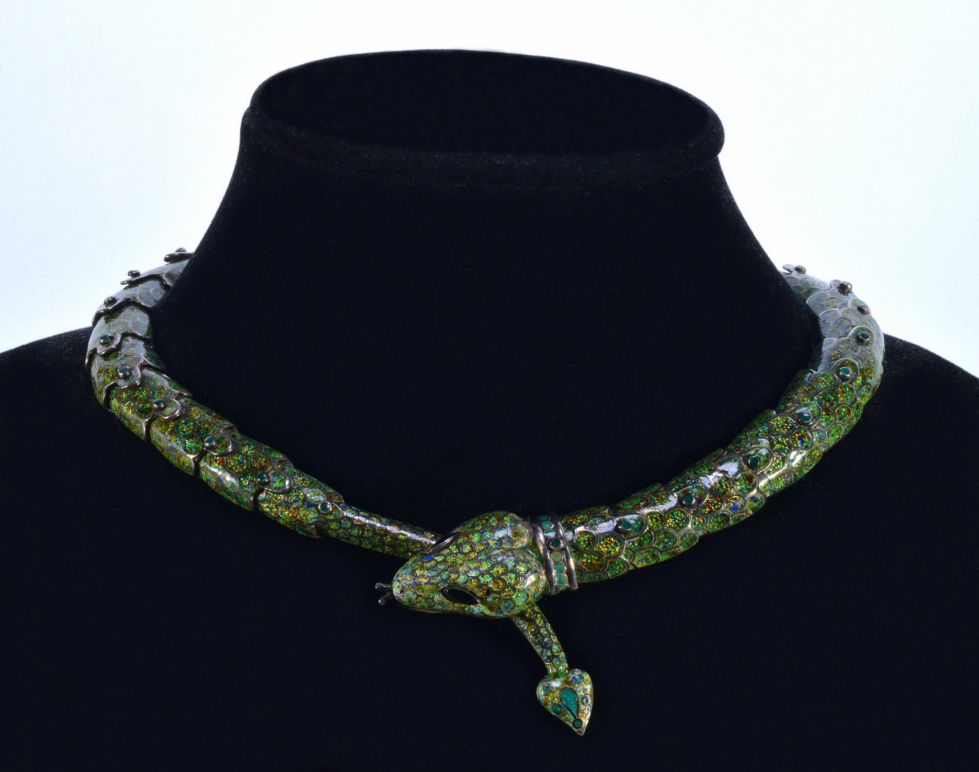 Margot De Taxco Snake Jewelry Suite Enamel Sterling Necklace Bracelet Earrings C.1950