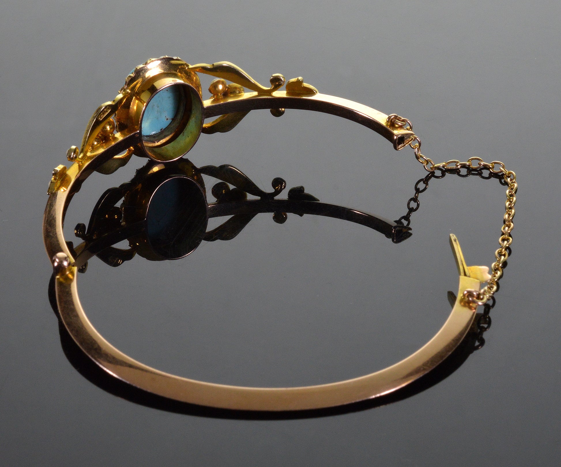 Antique Edwardian 15K Gold Turquoise Pearl Bangle Bracelet C.1900