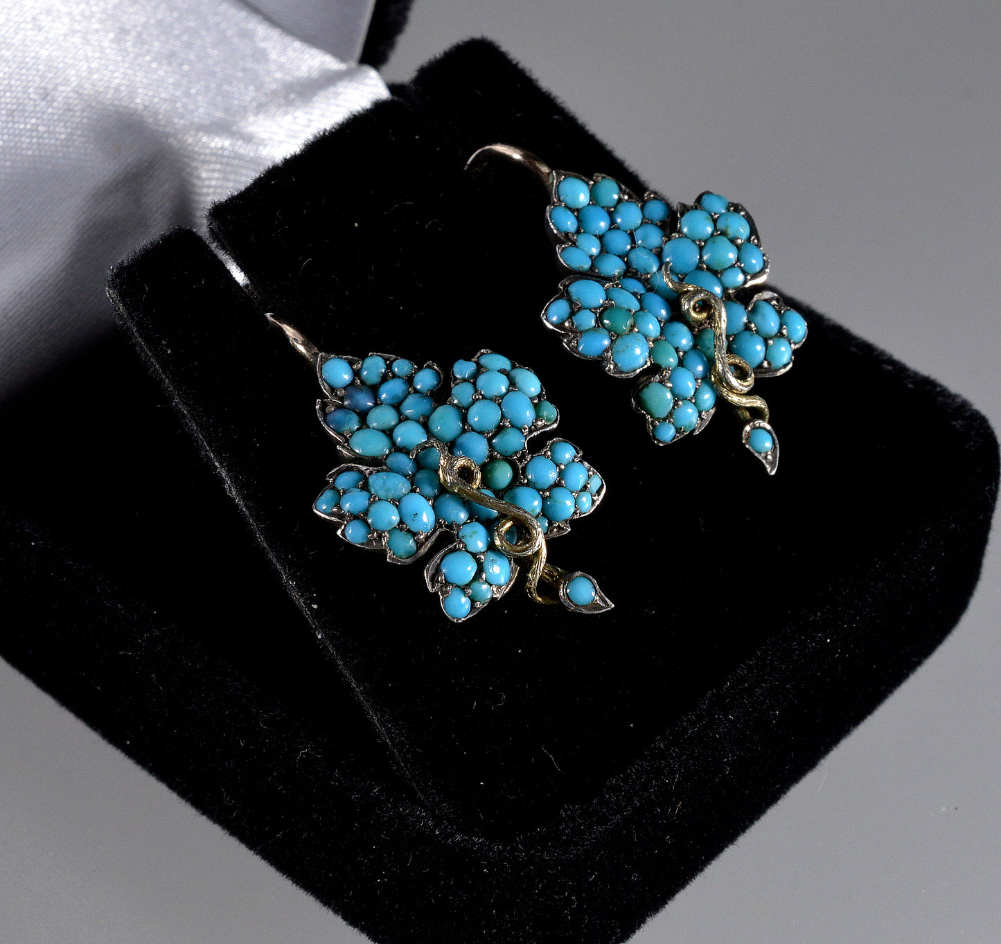 Victorian Turquoise 9K Gold Silver Leaf Earrings C.1890
