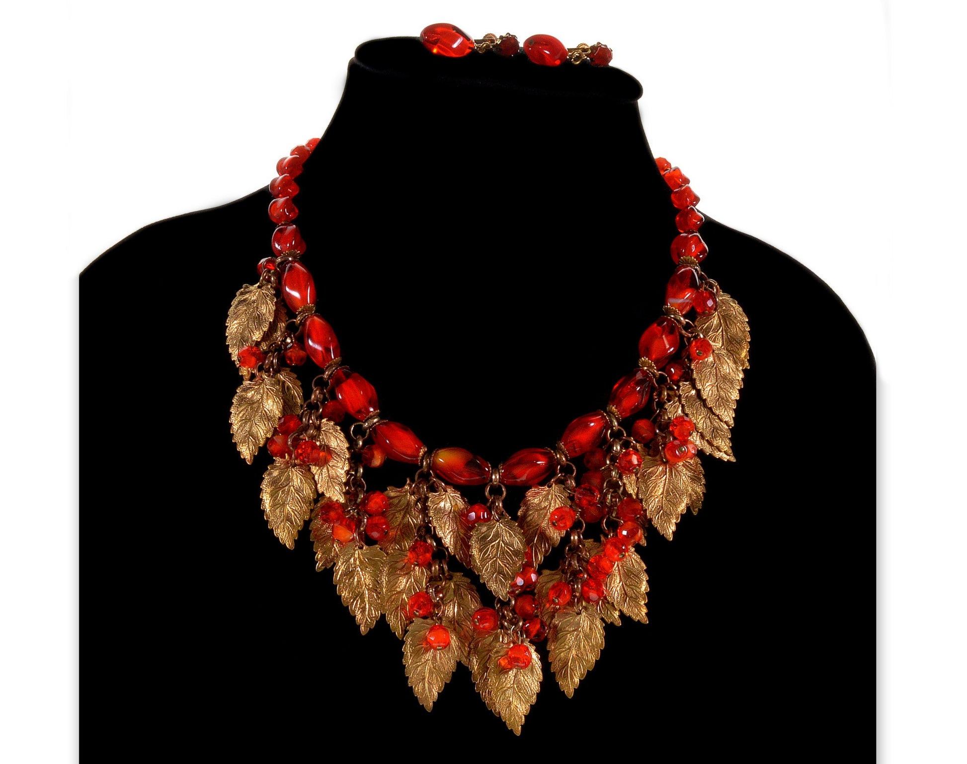 Miriam Haskell Lipstick Red Glass Brass Leaves Necklace Earrings Set Signed C.1970