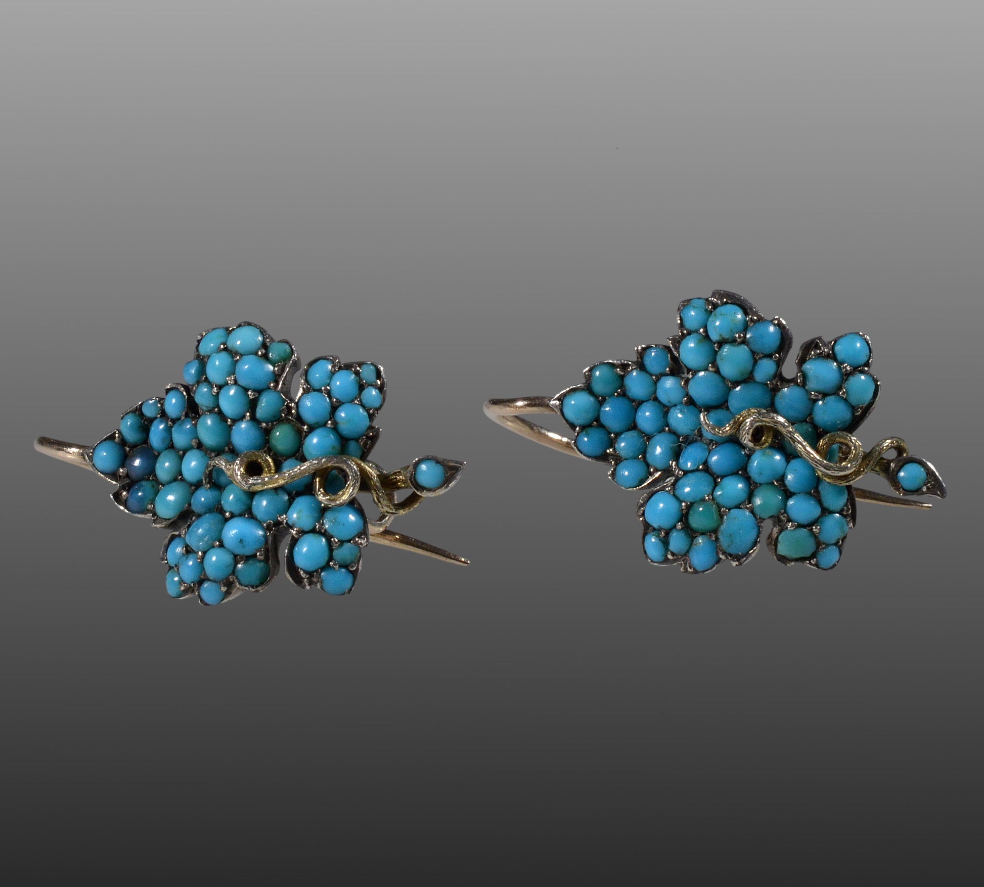Victorian Turquoise 9K Gold Silver Leaf Earrings C.1890