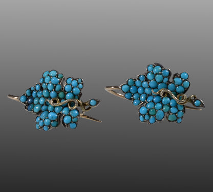 Victorian Turquoise 9K Gold Silver Leaf Earrings C.1890