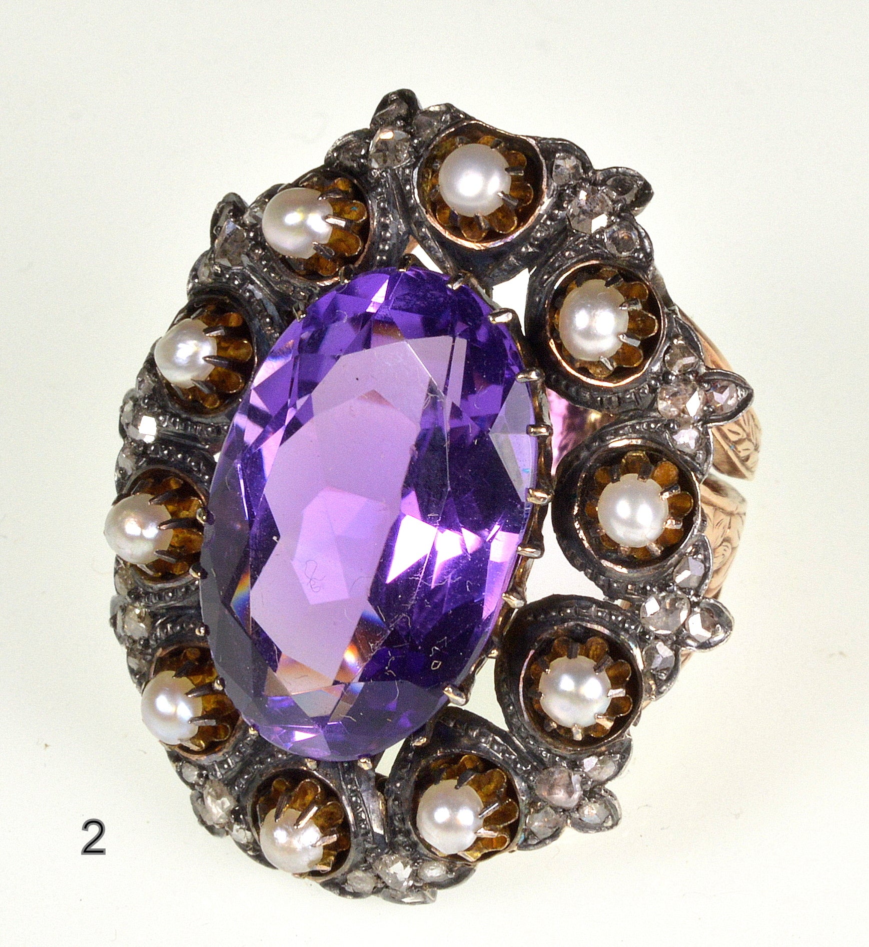 Antique Victorian 14K Gold Ring Amethyst Diamond Pearl C.1860