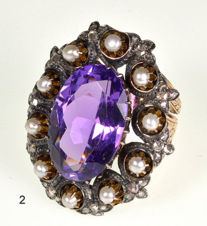 Antique Victorian 14K Gold Ring Amethyst Diamond Pearl C.1860