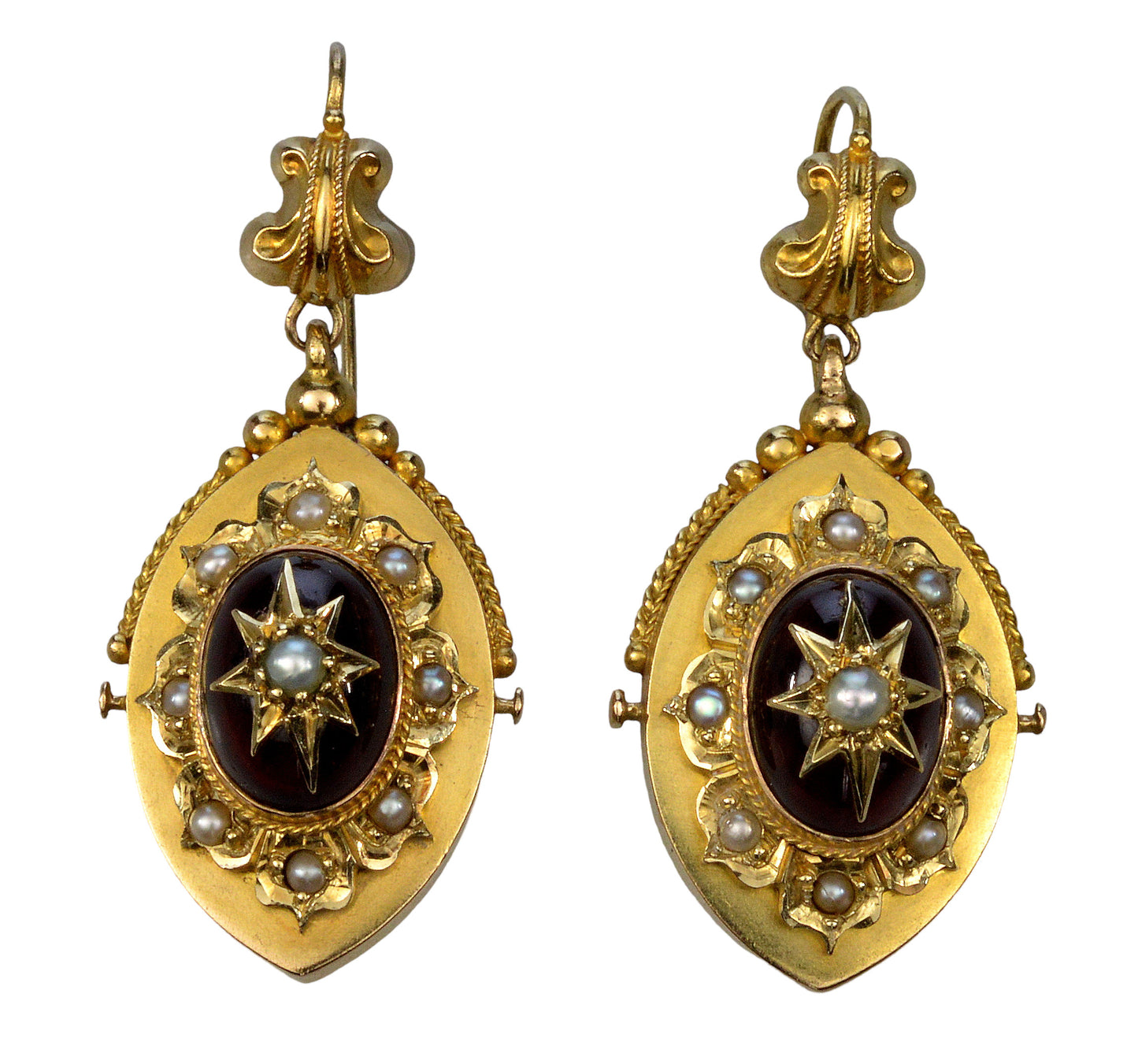 Antique Victorian 14K Gold Garnet Pearl Starburst Dangle Earrings C.1860