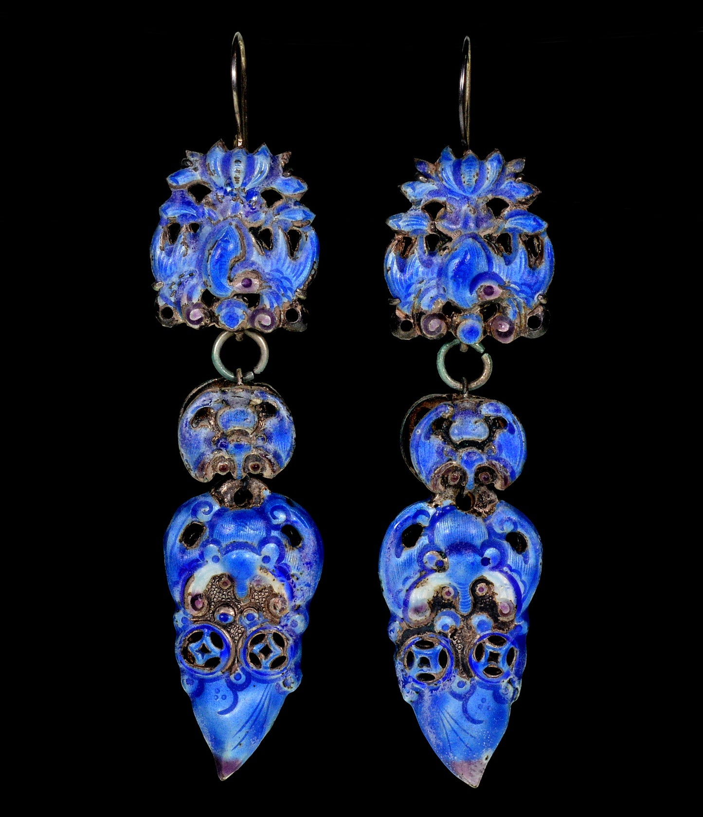 Antique Chinese Qing Dynasty Enamel Wedding Earrings 3 1/4" C.1890