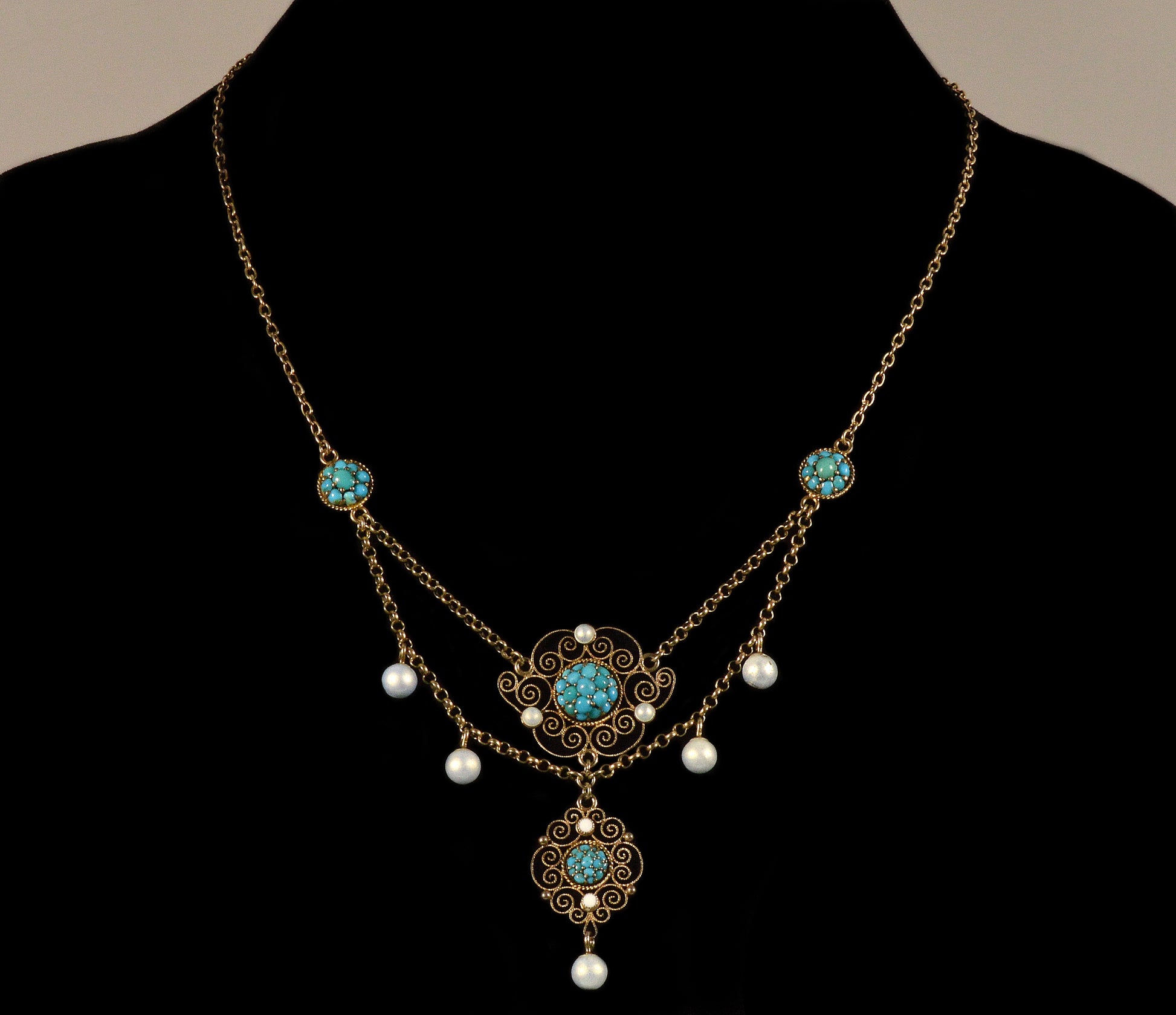 Antique Edwardian Marius Hammer Turquoise Necklace Vermeil Sterling C.1900