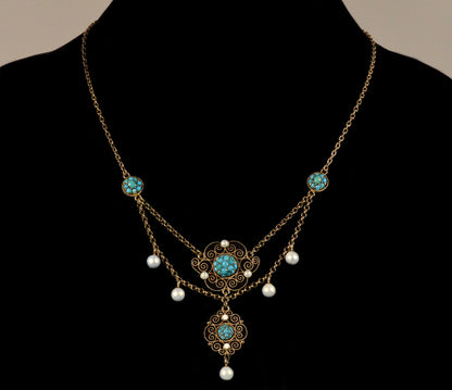 Antique Edwardian Marius Hammer Turquoise Necklace Vermeil Sterling C.1900