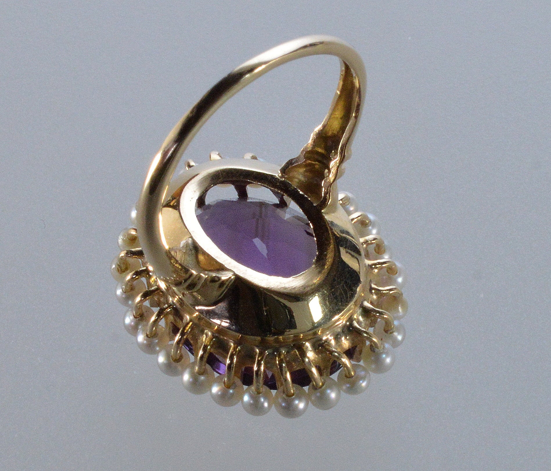 Edwardian Krementz 14K Gold Amethyst Natural Pearls Ring Size 6 3/4 C.1900