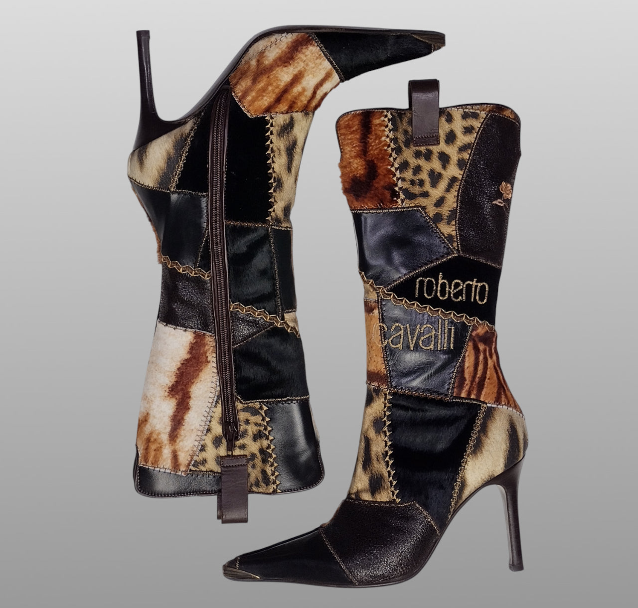 Roberto Cavalli Signature Pony Hair Calfskin Jaguar Print Boots 36 with Box