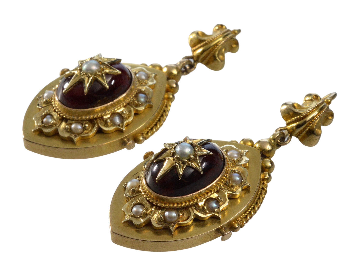 Antique Victorian 14K Gold Garnet Pearl Starburst Dangle Earrings C.1860