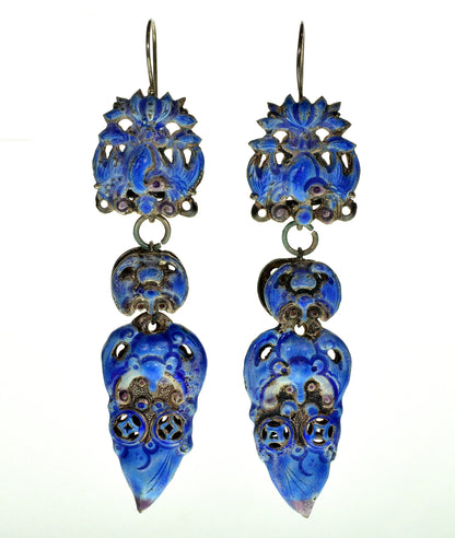 Antique Chinese Qing Dynasty Enamel Wedding Earrings 3 1/4" C.1890