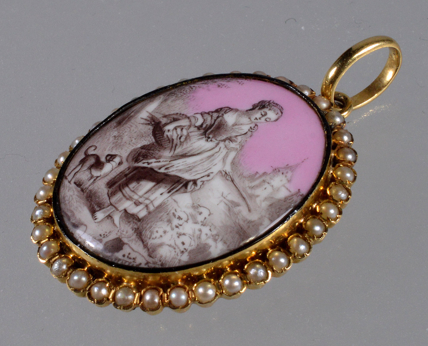 Antique Georgian 18K Gold Grisaille Enamel Pearl Pendant C.1790