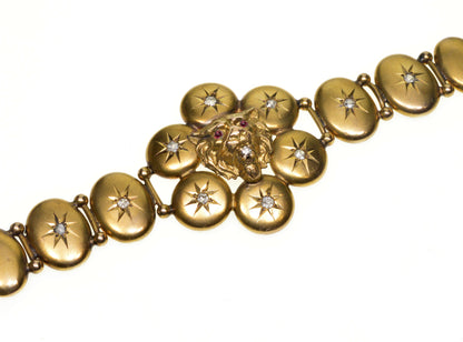 Antique Victorian Lion Head Bracelet 9K Gold Diamond Ruby C.1880