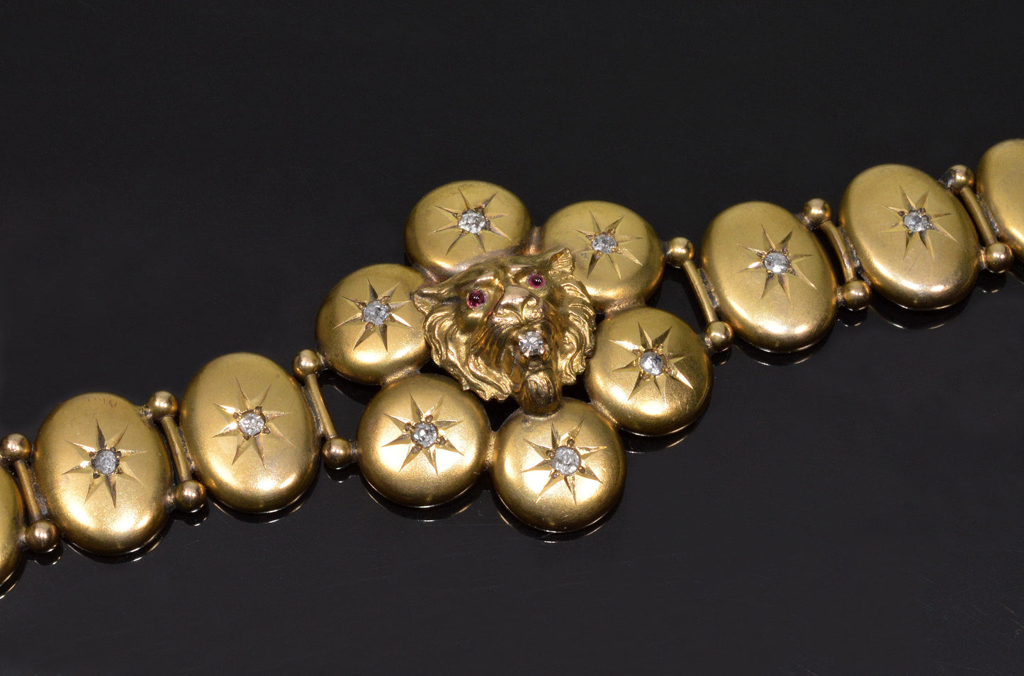 Antique Victorian Lion Head Bracelet 9K Gold Diamond Ruby C.1880