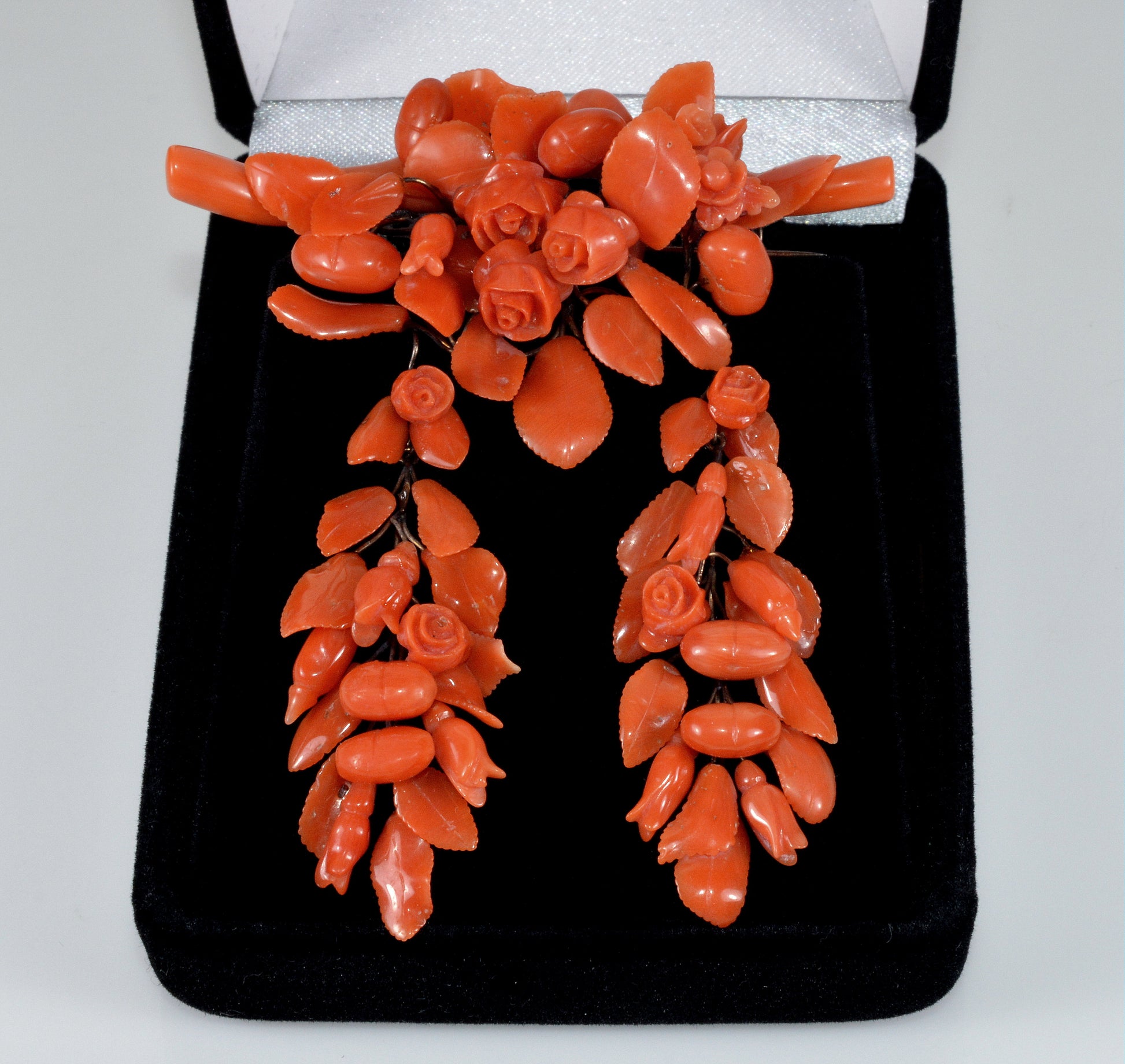 Antique Victorian Salmon Red Coral 10K Gold Earrings Brooch C.1860