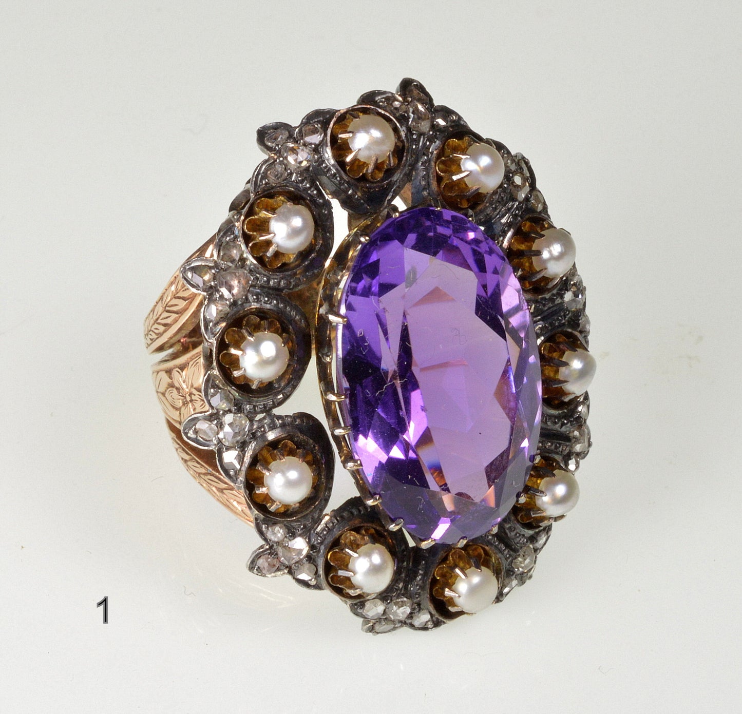 Antique Victorian 14K Gold Ring Amethyst Diamond Pearl C.1860