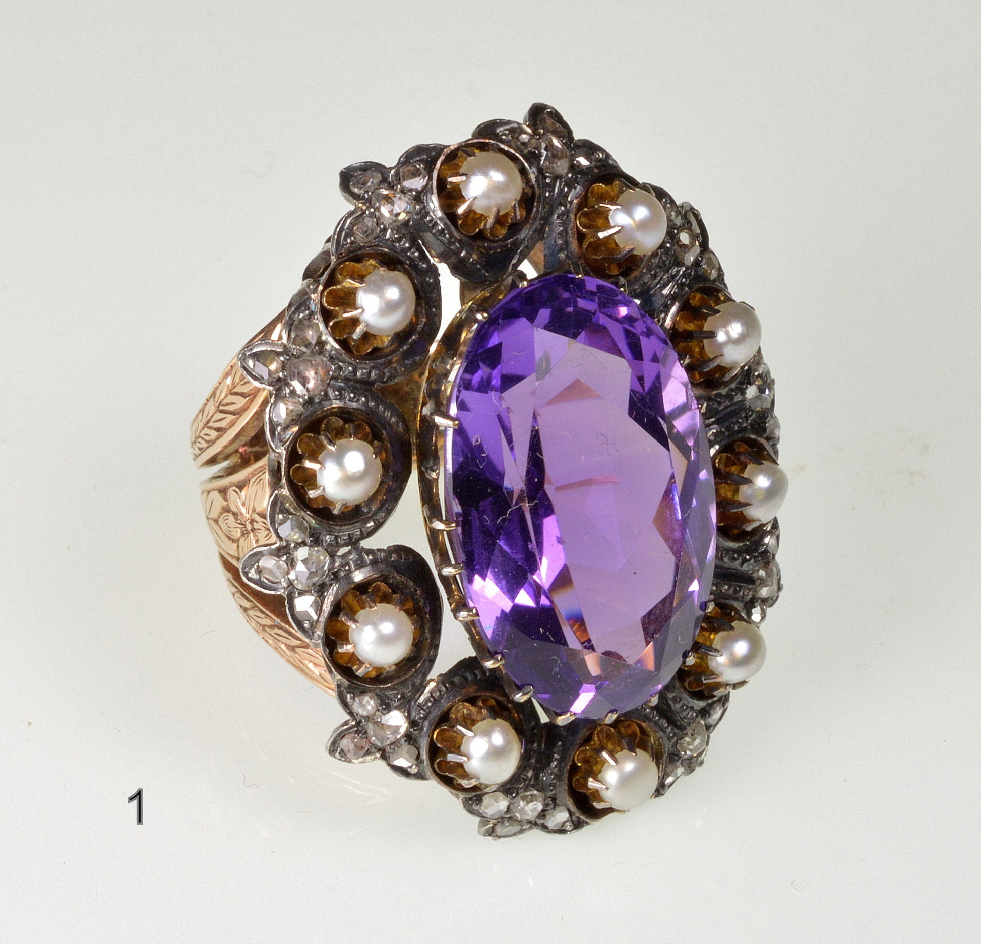 Antique Victorian 14K Gold Ring Amethyst Diamond Pearl C.1860