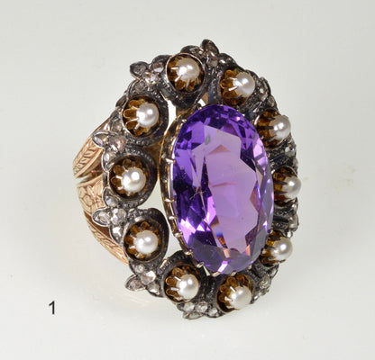 Antique Victorian 14K Gold Ring Amethyst Diamond Pearl C.1860