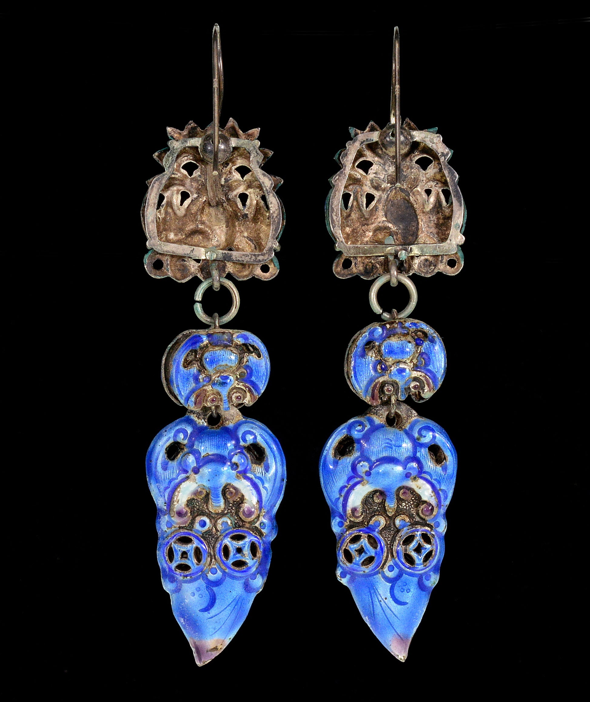 Antique Chinese Qing Dynasty Enamel Wedding Earrings 3 1/4" C.1890