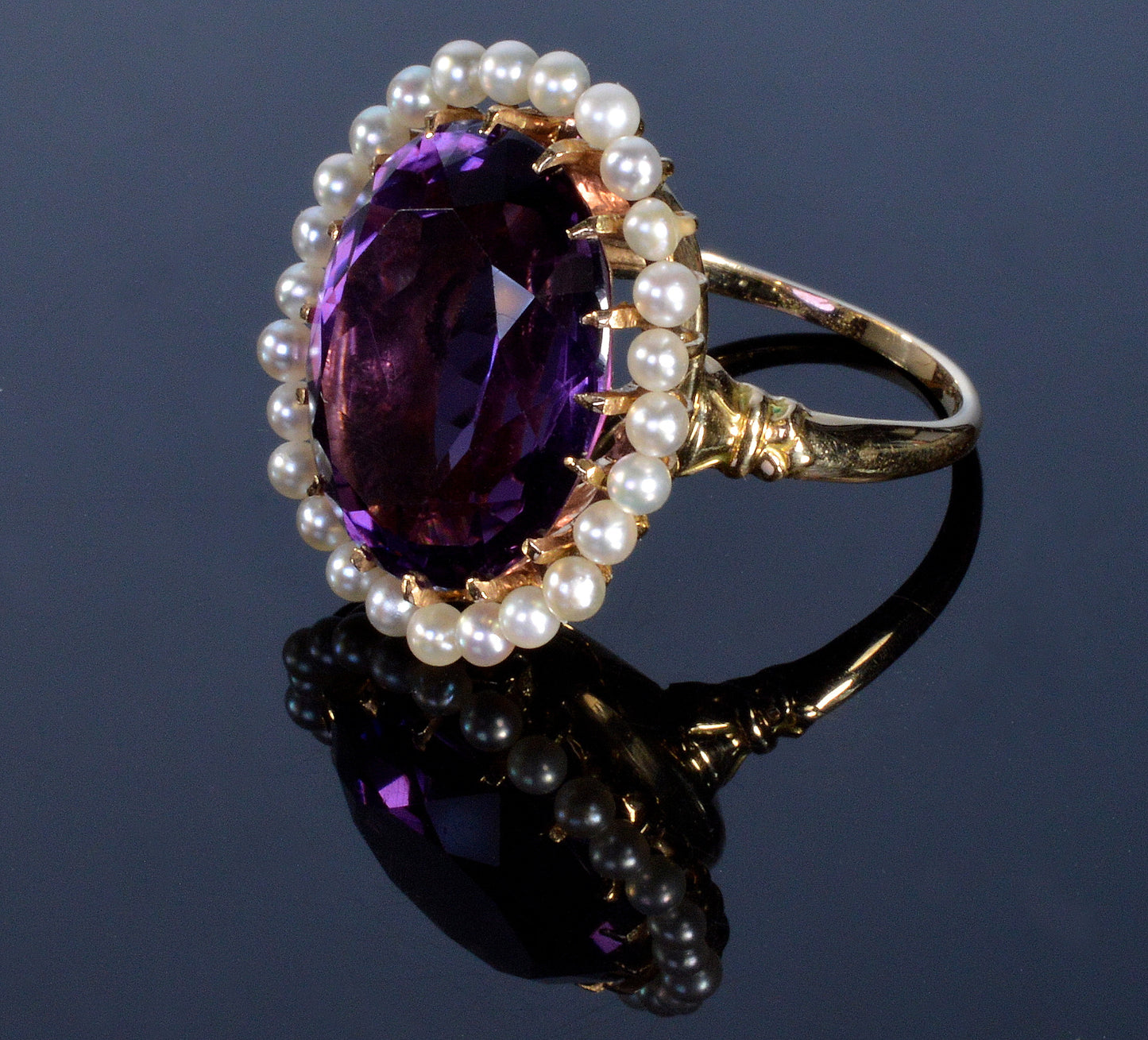 Edwardian Krementz 14K Gold Amethyst Natural Pearls Ring Size 6 3/4 C.1900