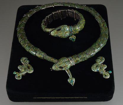 Margot De Taxco Snake Jewelry Suite Enamel Sterling Necklace Bracelet Earrings C.1950