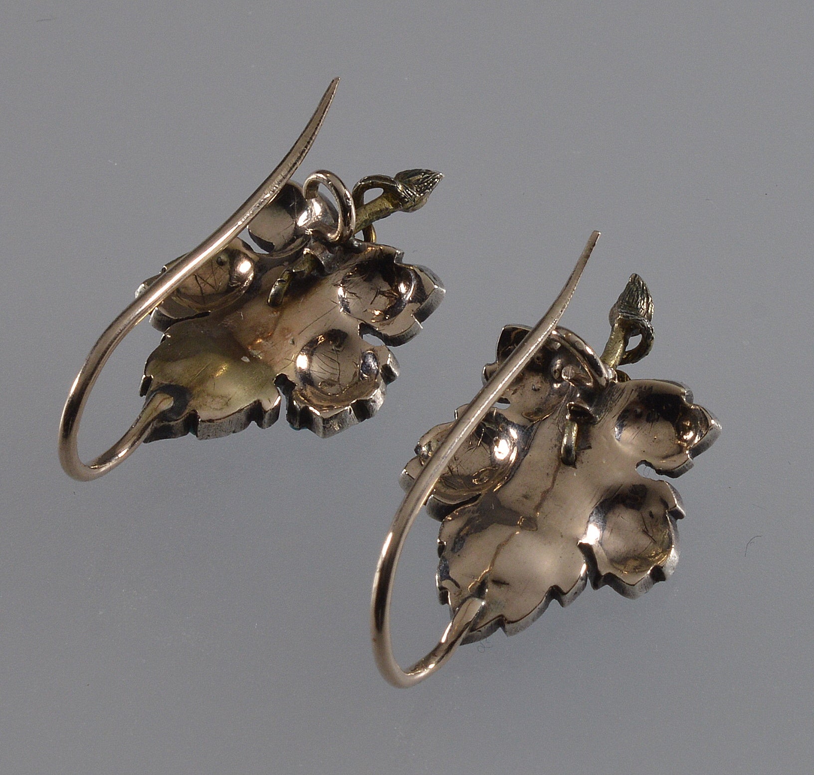 Victorian Turquoise 9K Gold Silver Leaf Earrings C.1890