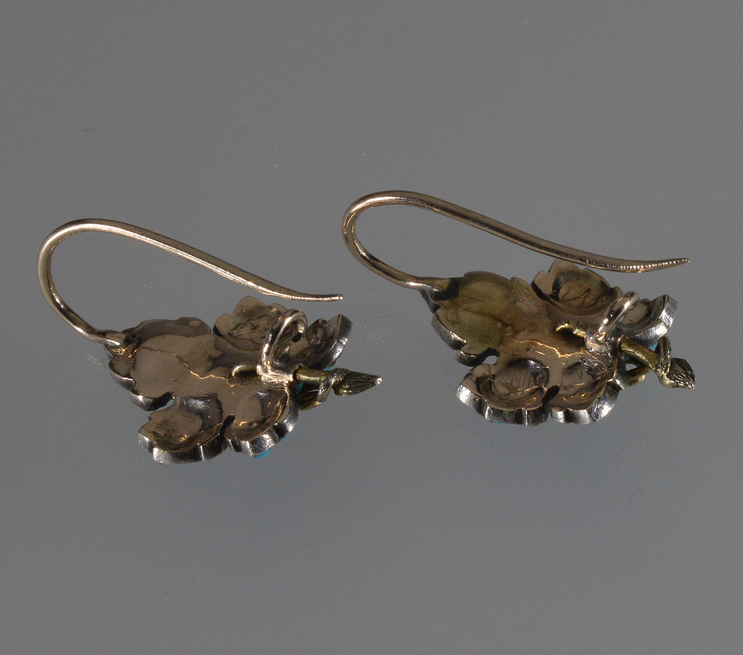 Victorian Turquoise 9K Gold Silver Leaf Earrings C.1890