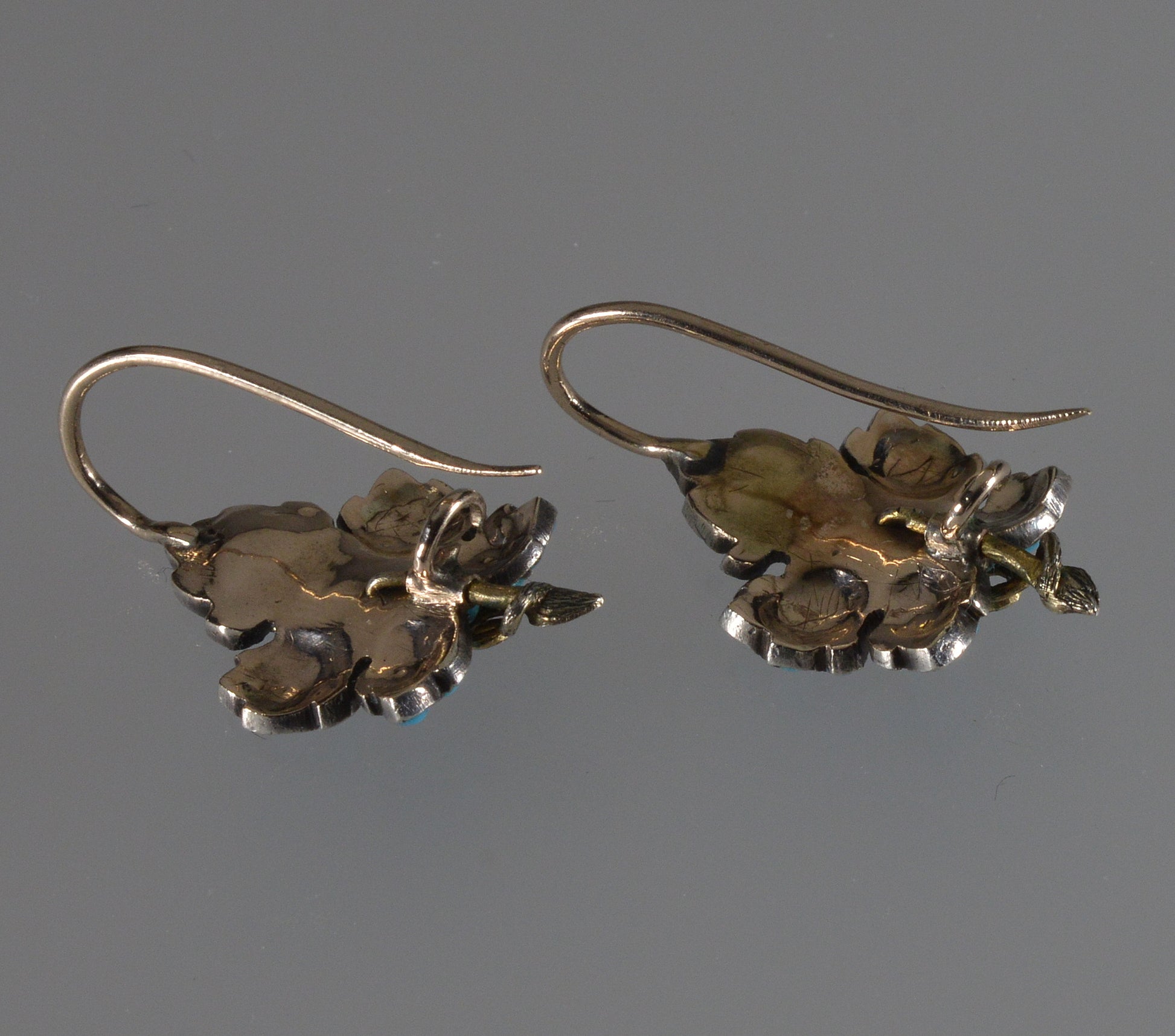 Victorian Turquoise 9K Gold Silver Leaf Earrings C.1890