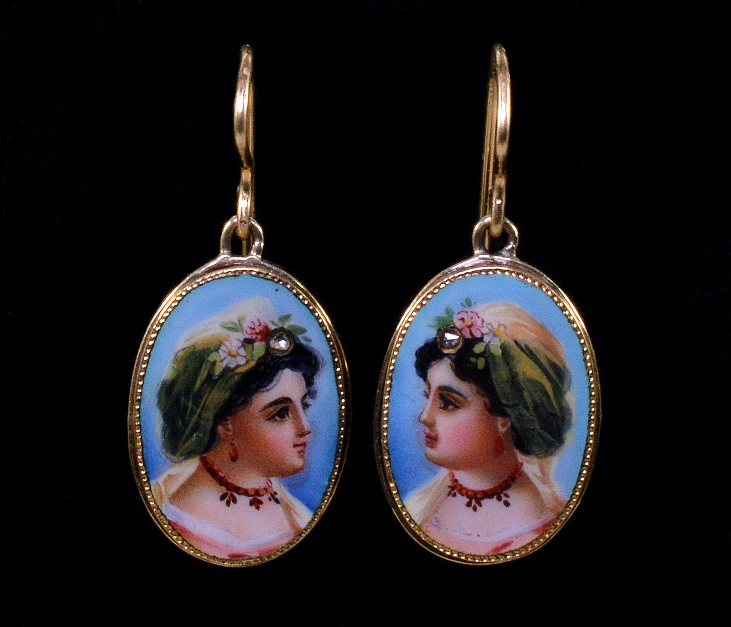 Antique Victorian Enamel Portrait 14K Gold Diamond Earrings C.1890