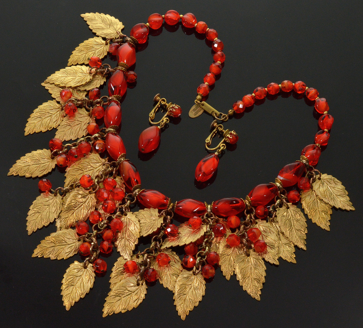 Miriam Haskell Lipstick Red Glass Brass Leaves Necklace Earrings Set Signed C.1970