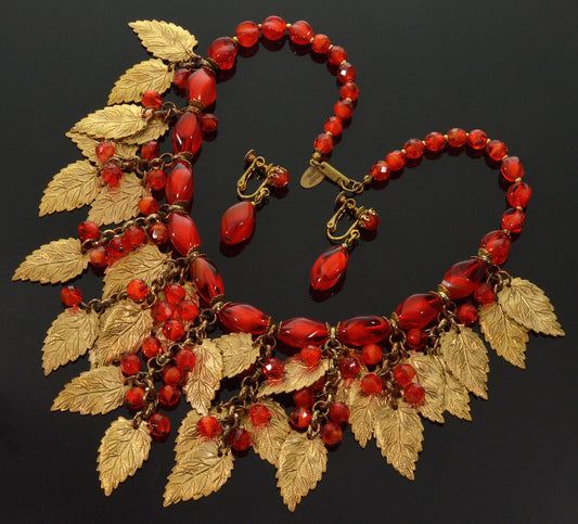 Miriam Haskell Lipstick Red Glass Brass Leaves Necklace Earrings Set Signed C.1970