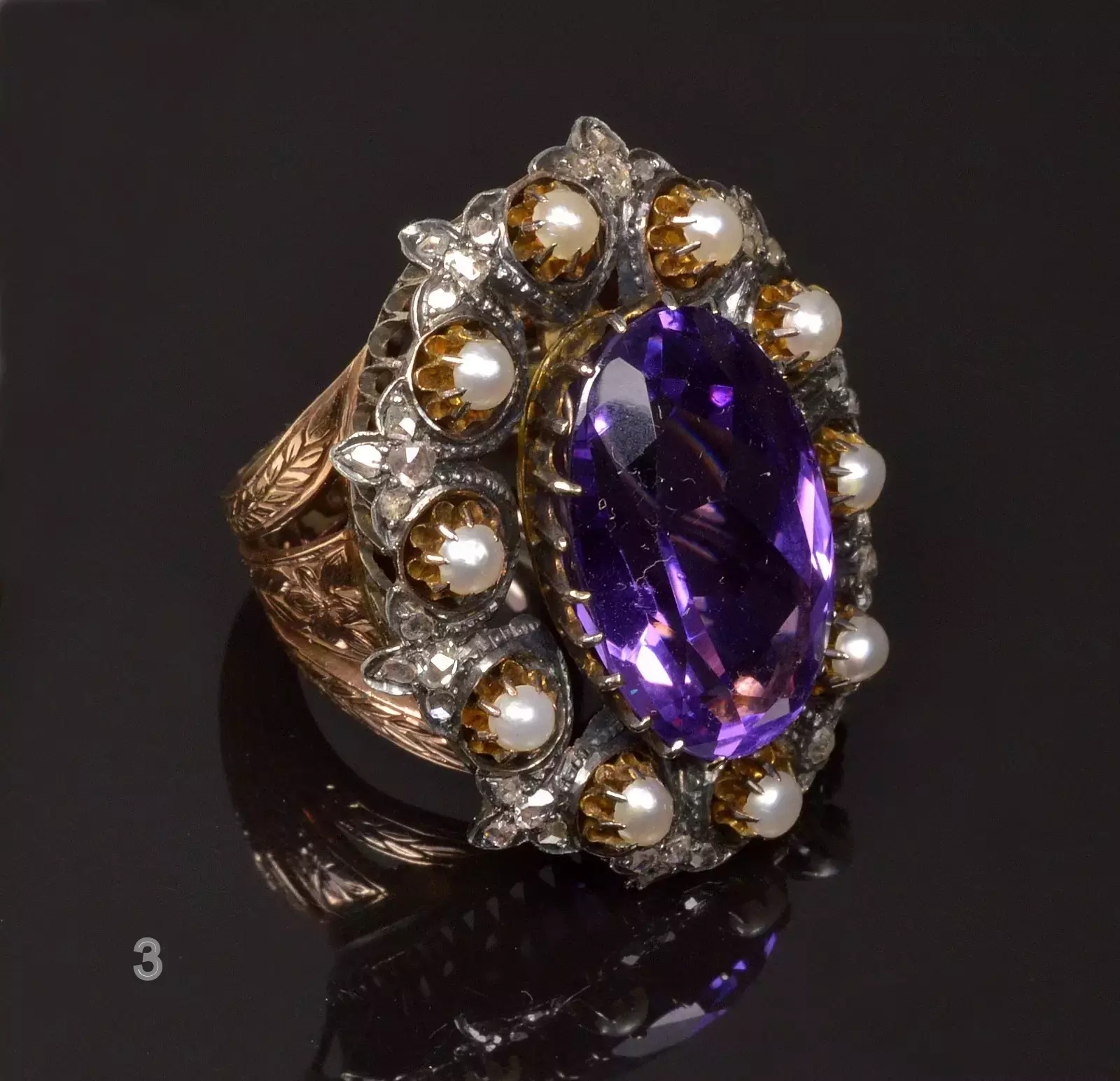 Antique Victorian 14K Gold Ring Amethyst Diamond Pearl C.1860