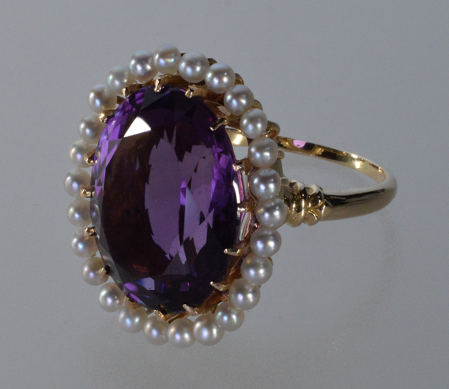 Edwardian Krementz 14K Gold Amethyst Natural Pearls Ring Size 6 3/4 C.1900