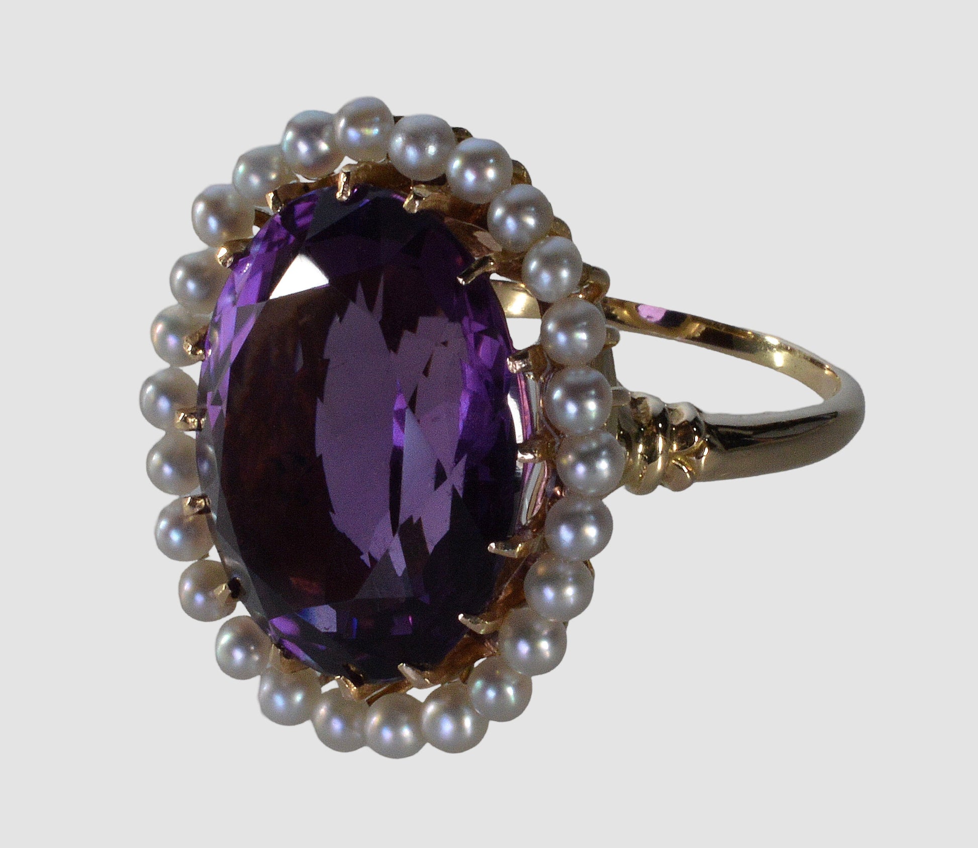 Edwardian Krementz 14K Gold Amethyst Natural Pearls Ring Size 6 3/4 C.1900